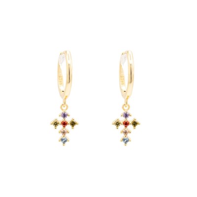 14k Gold Cross Mini Multi Rainbow Cubic Zirconia Huggie Hoop Earring