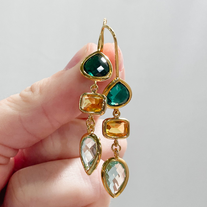 14k Gold Vermeil Triple Gemstone Dangle Earring Gift Giving  Hypoallergenic 