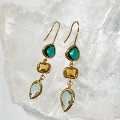 14k Gold Vermeil Triple Gemstone Dangle Earring Gift Giving  Hypoallergenic 