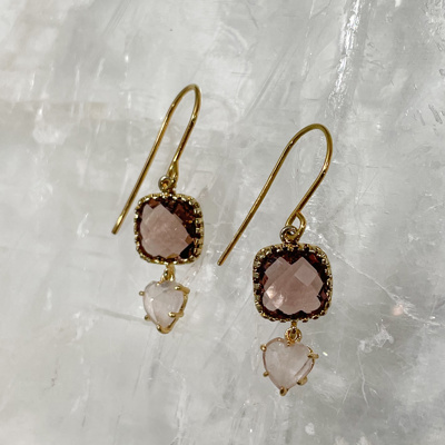 14k Gold Vermeil Purple and Rose Quartz Heart Drop Dangle  Hypoallergenic