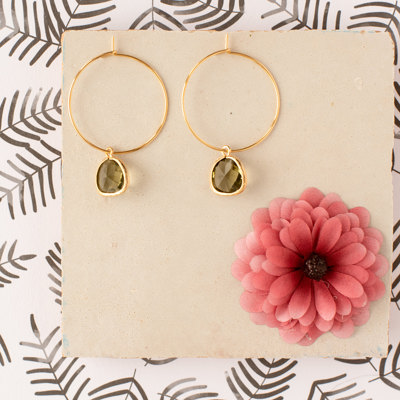 14k Gold or Sterling Silver Glass Gemstone Olive Green Hoop Earring Dangle Hypoallergenic