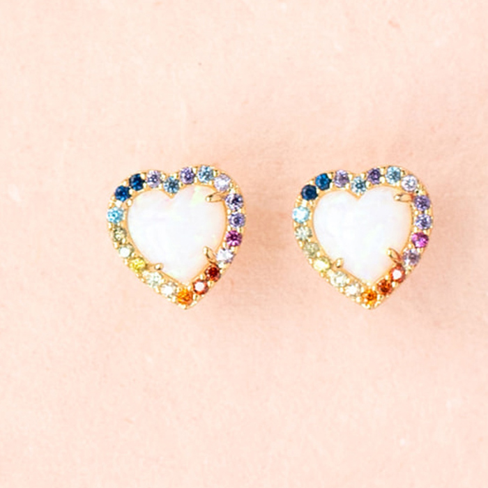 14k Gold Opal Heart CZ Gemstone Post Stud Earring