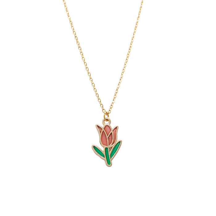 Red Tulip Enamel Flower Charm Necklace Children Gift Nautre