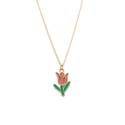 Red Tulip Enamel Flower Charm Necklace Children Gift Nautre