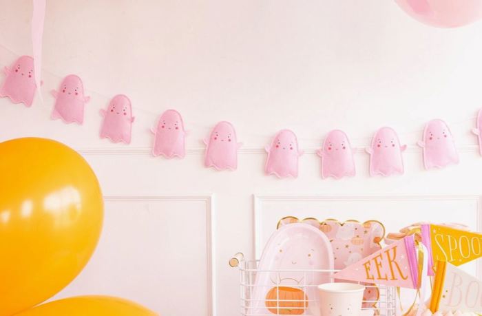 Ghost Pink Puffy Felt Banner Garland Girly Halloween Whimsical Decor