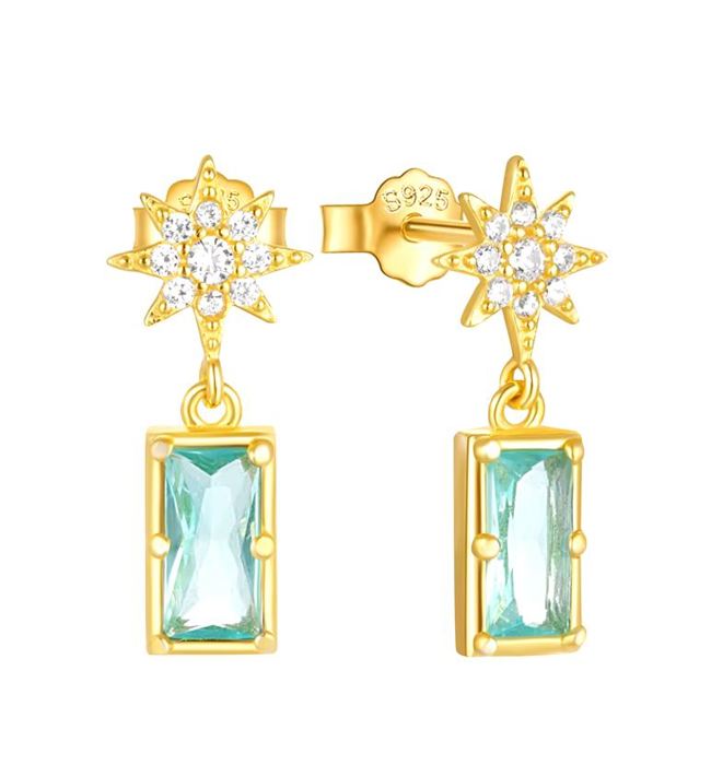 14k Gold Aquamarine Star Dangle Post Earring Gemstone Gift CZ Stud