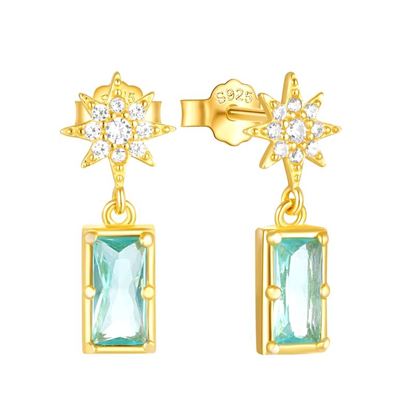 14k Gold Aquamarine Star Dangle Post Earring Gemstone Gift CZ Stud