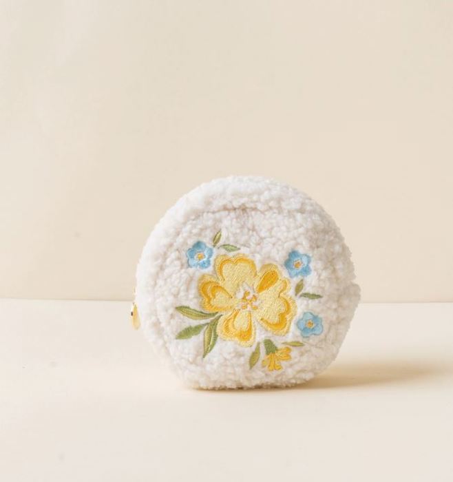 Yellow Floral Teddy Pouch Circle Dainty Floral Zipper Pouch - The Darling Effect