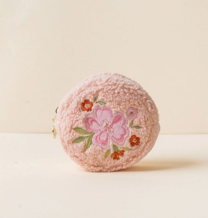 Pink Floral Teddy Pouch Circle Dainty Floral Zipper Pouch - The Darling Effect