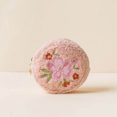 Pink Floral Teddy Pouch Circle Dainty Floral Zipper Pouch - The Darling Effect