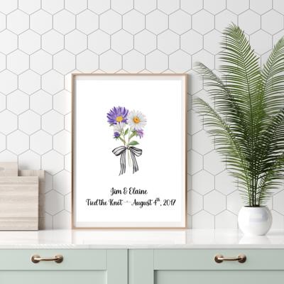 "Tied the Knot" Couple's Custom Birth Month Flower Wedding Marriage Print