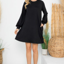 Large Black LONG PUFF SLEEVE FRENCH TERRY DRESS WITH POCKETS