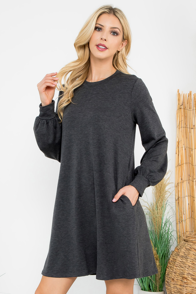 LONG PUFF SLEEVE FRENCH TERRY DRESS WITH POCKETS