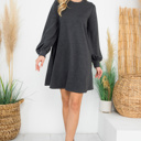 Small Charcoal LONG PUFF SLEEVE FRENCH TERRY DRESS WITH POCKETS