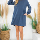 Small Heather Navy LONG PUFF SLEEVE FRENCH TERRY DRESS WITH POCKETS