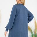 XL Heather Navy LONG PUFF SLEEVE FRENCH TERRY DRESS WITH POCKETS