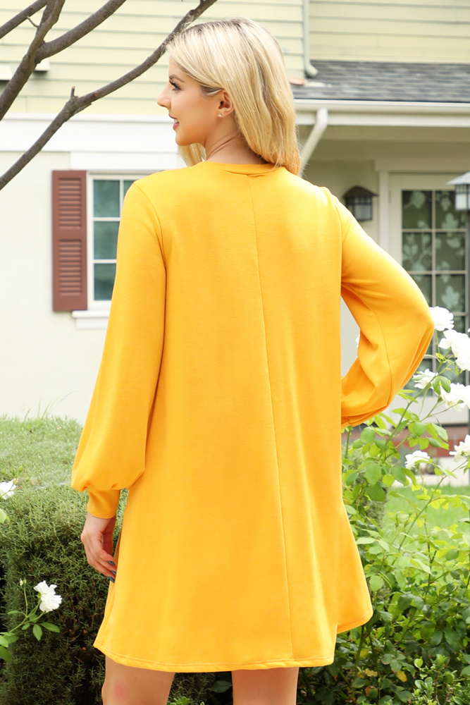 LONG PUFF SLEEVE FRENCH TERRY DRESS WITH POCKETS