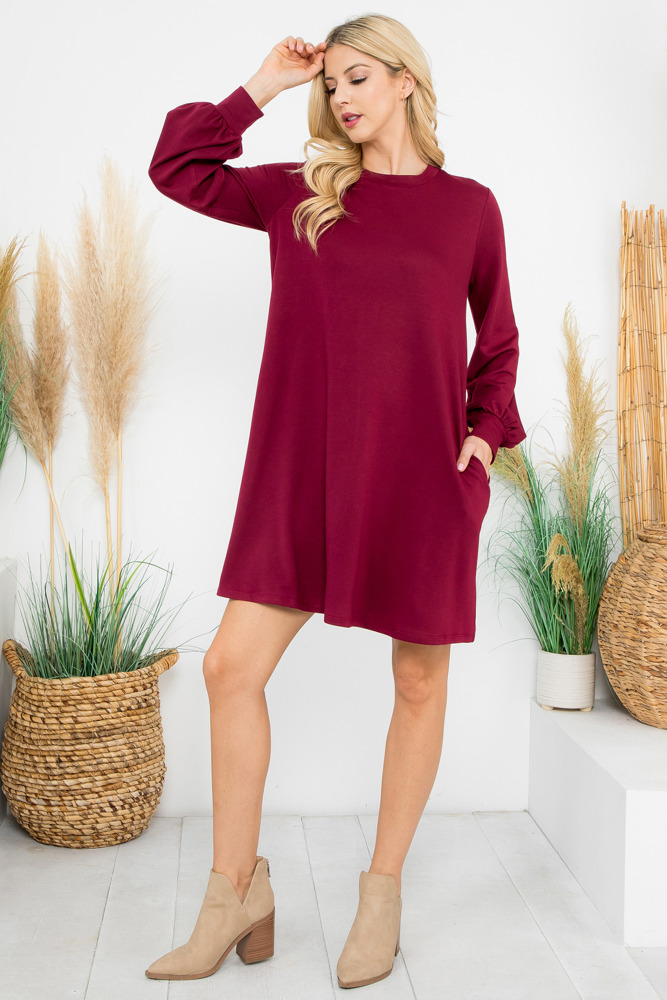 LONG PUFF SLEEVE FRENCH TERRY DRESS WITH POCKETS