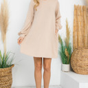 Medium Stone LONG PUFF SLEEVE FRENCH TERRY DRESS WITH POCKETS