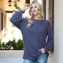 Medium Grey Dk BOAT NECKLINE PUFF SLEEVE HACCI BRUSHED TOP