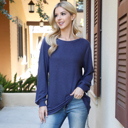 Medium Navy Dk BOAT NECKLINE PUFF SLEEVE HACCI BRUSHED TOP