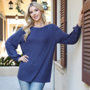 Medium Navy Dk BOAT NECKLINE PUFF SLEEVE HACCI BRUSHED TOP