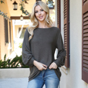 Small Olive BOAT NECKLINE PUFF SLEEVE HACCI BRUSHED TOP