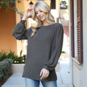 Small Olive BOAT NECKLINE PUFF SLEEVE HACCI BRUSHED TOP