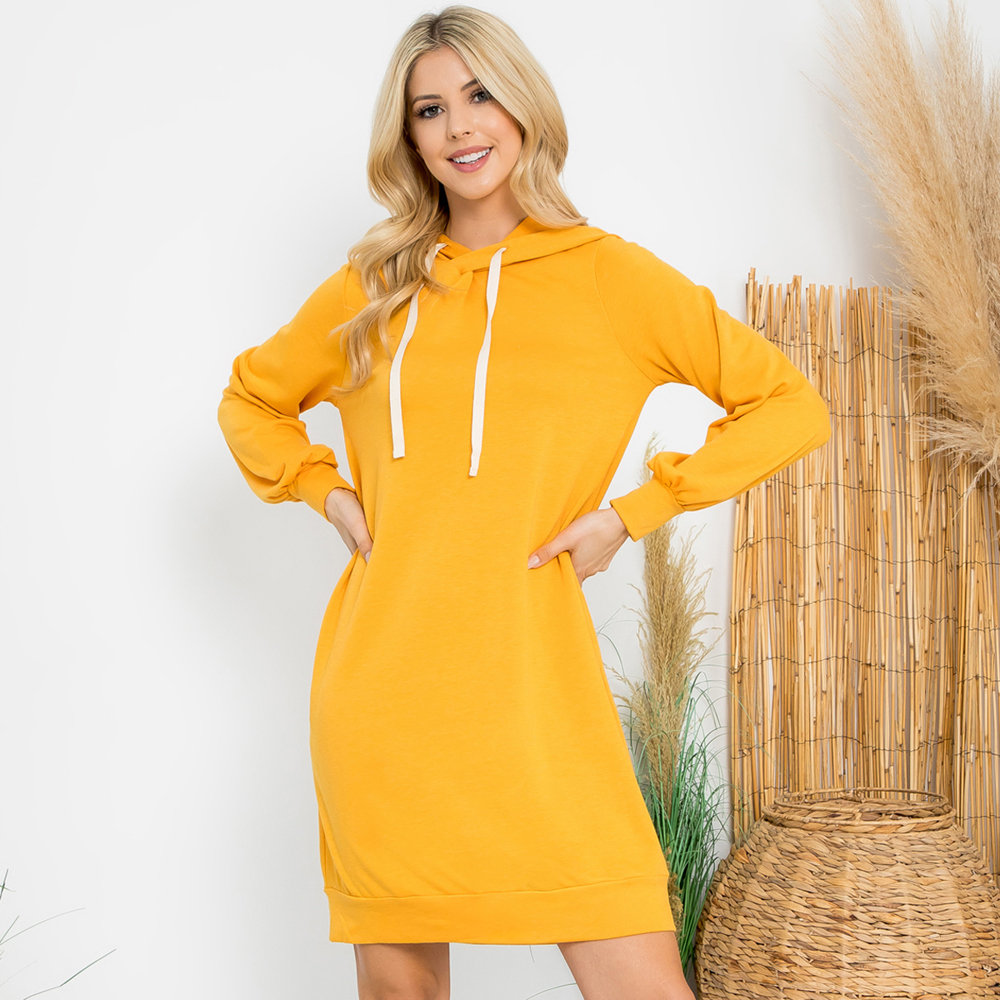 FRENCH TERRY PUFF SLEEVE HOODIE DRESS WITH POCKETS