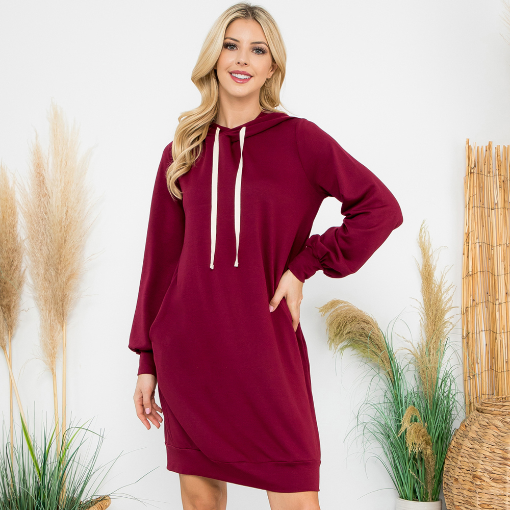 FRENCH TERRY PUFF SLEEVE HOODIE DRESS WITH POCKETS