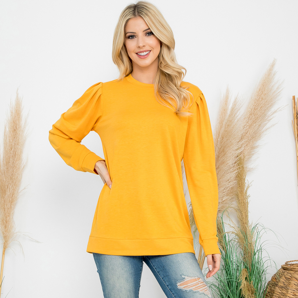 FRENCH TERRY PLEATED SLEEVE TOP