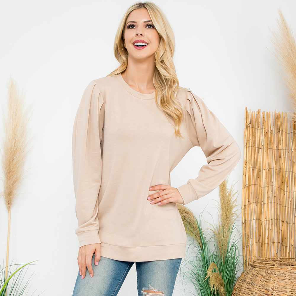 FRENCH TERRY PLEATED SLEEVE TOP