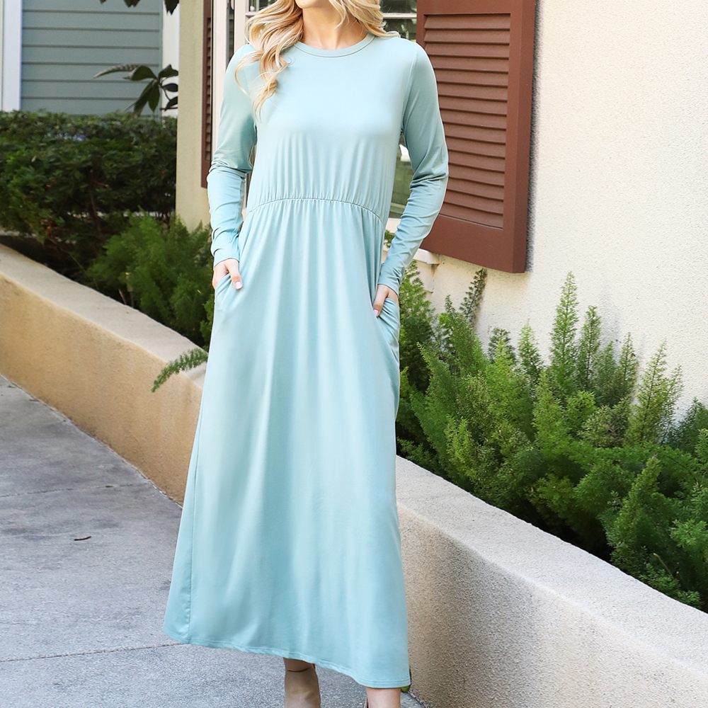 ELASTIC WAIST MAXI DRESS WITH POCKETS