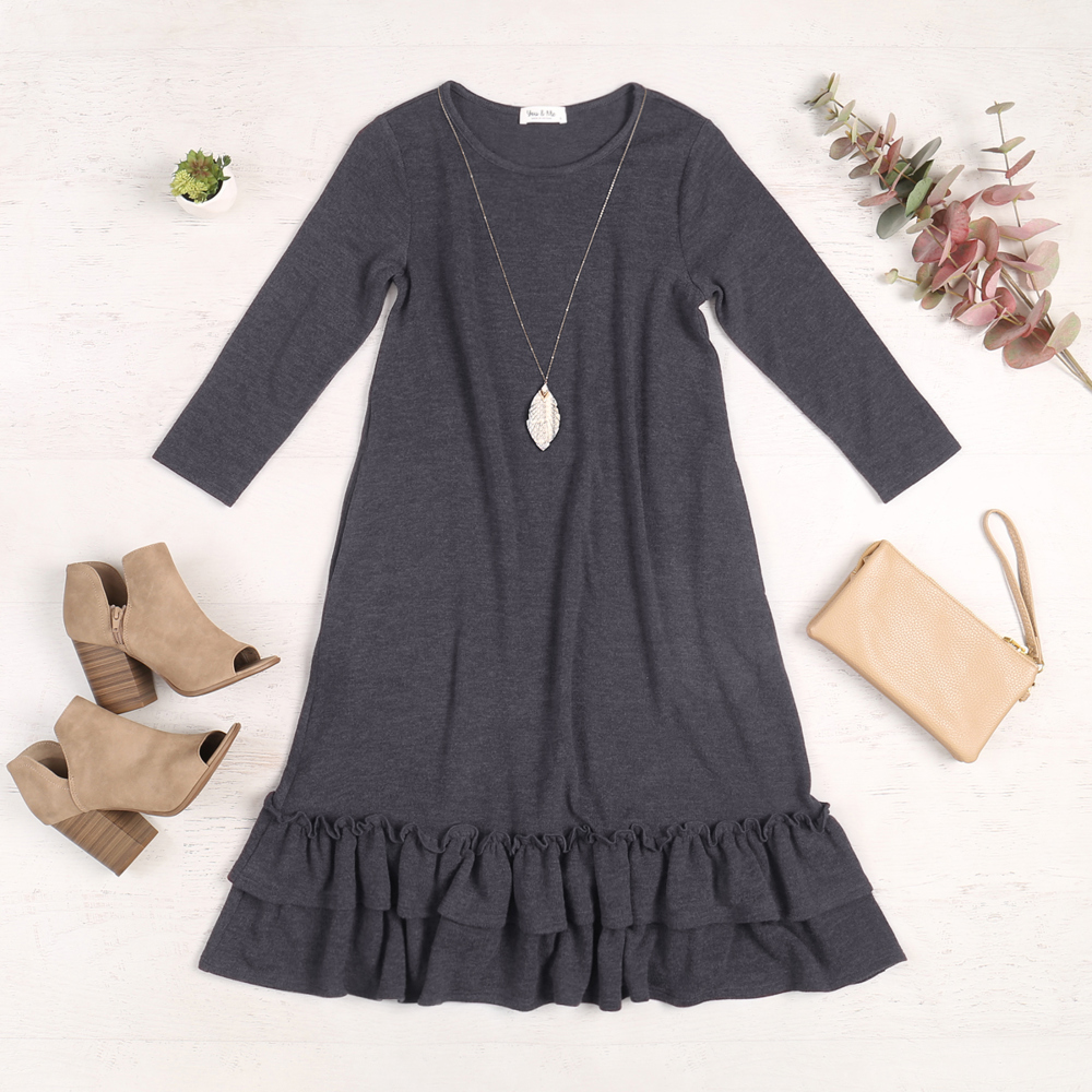 DOUBLE RUFFLED HEM POCKET DRESS WITH POCKETS