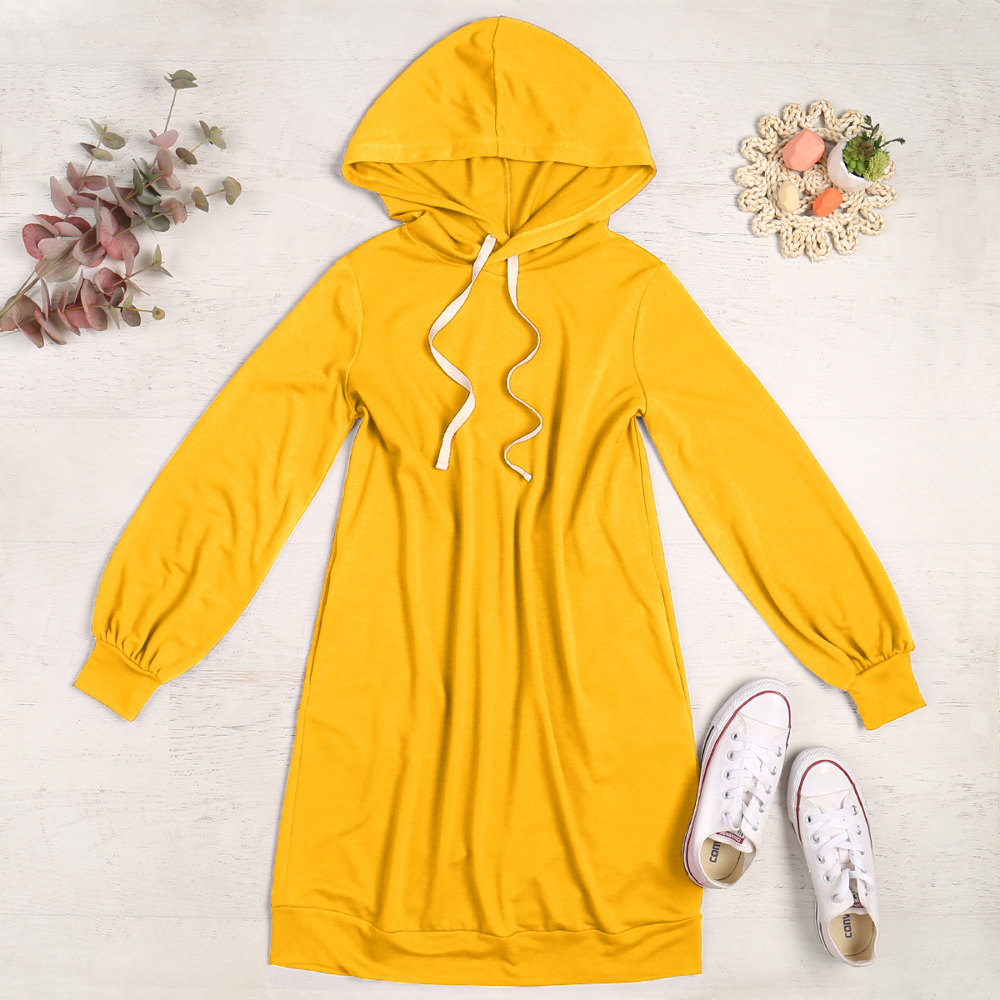 FRENCH TERRY PUFF SLEEVE HOODIE DRESS WITH POCKETS