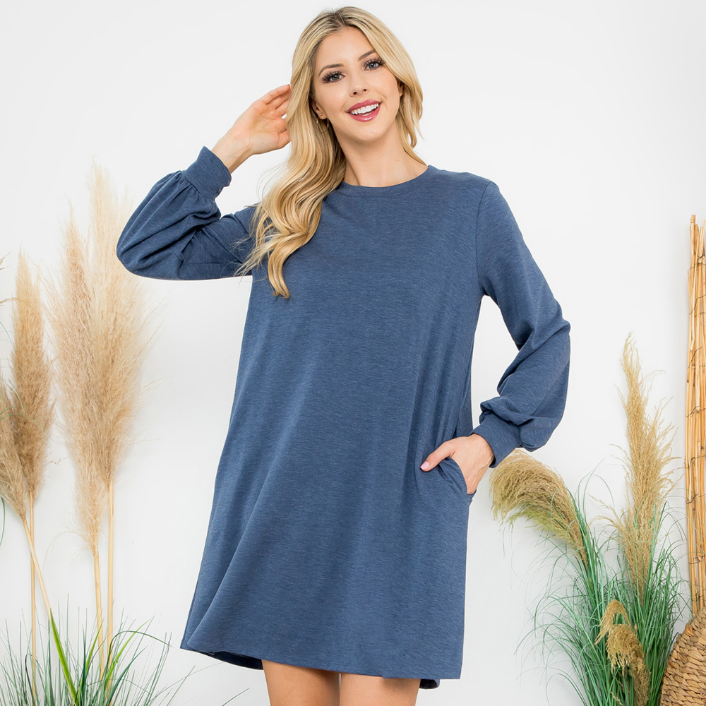 LONG PUFF SLEEVE FRENCH TERRY DRESS WITH POCKETS