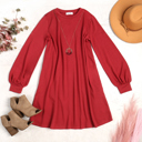 Small Marsala LONG PUFF SLEEVE FRENCH TERRY DRESS WITH POCKETS