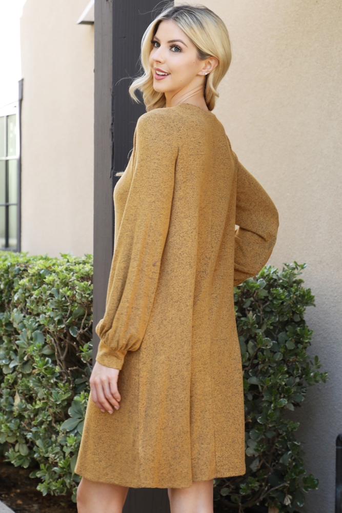 PUFF LONG SLEEVE HACCI BRUSHED DRESS WITH POCKETS