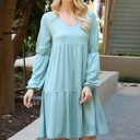  V-NECK ELASTIC DETAIL SLEEVE TIERED DRESS WITH POCKETS