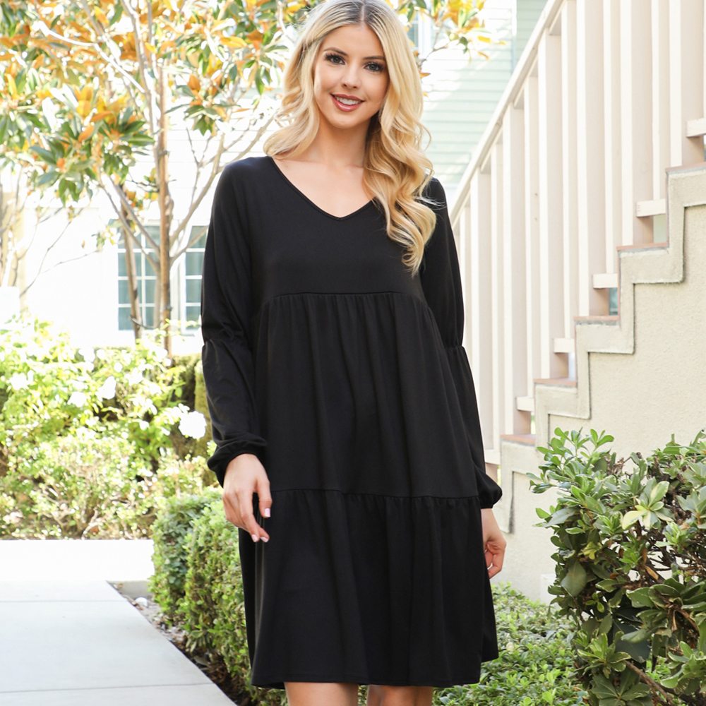 V-NECK ELASTIC DETAIL SLEEVE TIERED DRESS WITH POCKETS