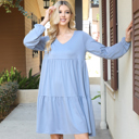  V-NECK ELASTIC DETAIL SLEEVE TIERED DRESS WITH POCKETS