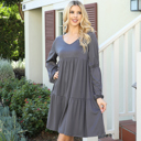  V-NECK ELASTIC DETAIL SLEEVE TIERED DRESS WITH POCKETS