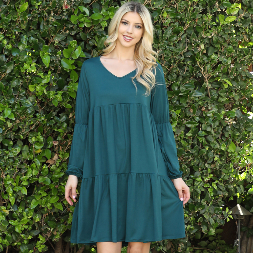 V-NECK ELASTIC DETAIL SLEEVE TIERED DRESS WITH POCKETS