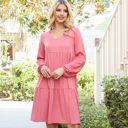  V-NECK ELASTIC DETAIL SLEEVE TIERED DRESS WITH POCKETS