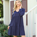  V-NECK ELASTIC DETAIL SLEEVE TIERED DRESS WITH POCKETS