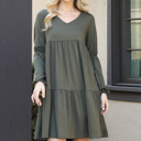  V-NECK ELASTIC DETAIL SLEEVE TIERED DRESS WITH POCKETS