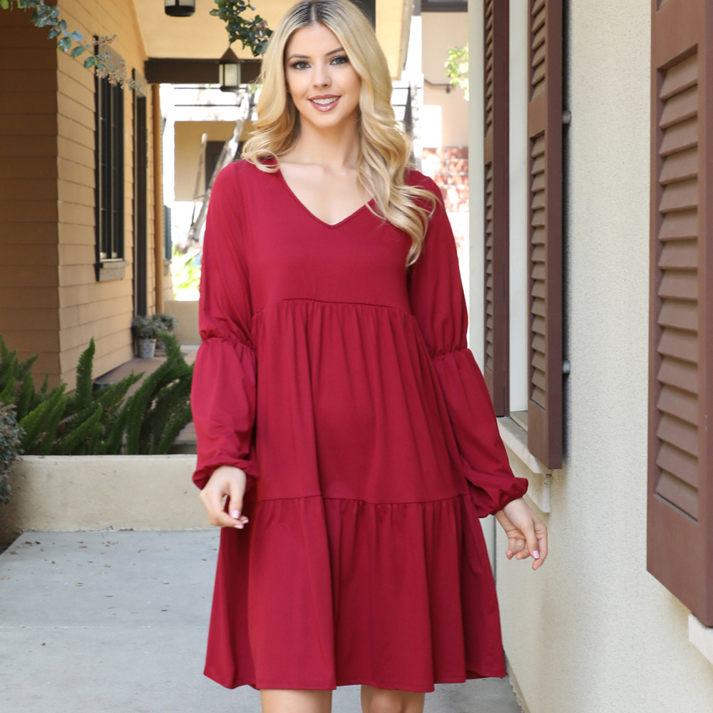 V-NECK ELASTIC DETAIL SLEEVE TIERED DRESS WITH POCKETS