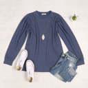 Small Heather Navy FRENCH TERRY PLEATED SLEEVE TOP