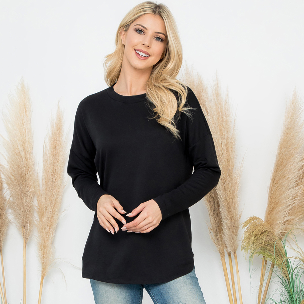 LONG SLEEVE FRENCH TERRY ROUNDED HEM TOP