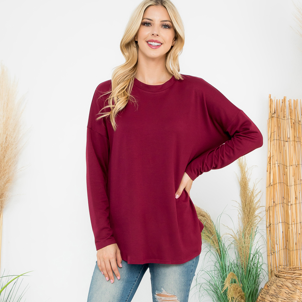 LONG SLEEVE FRENCH TERRY ROUNDED HEM TOP